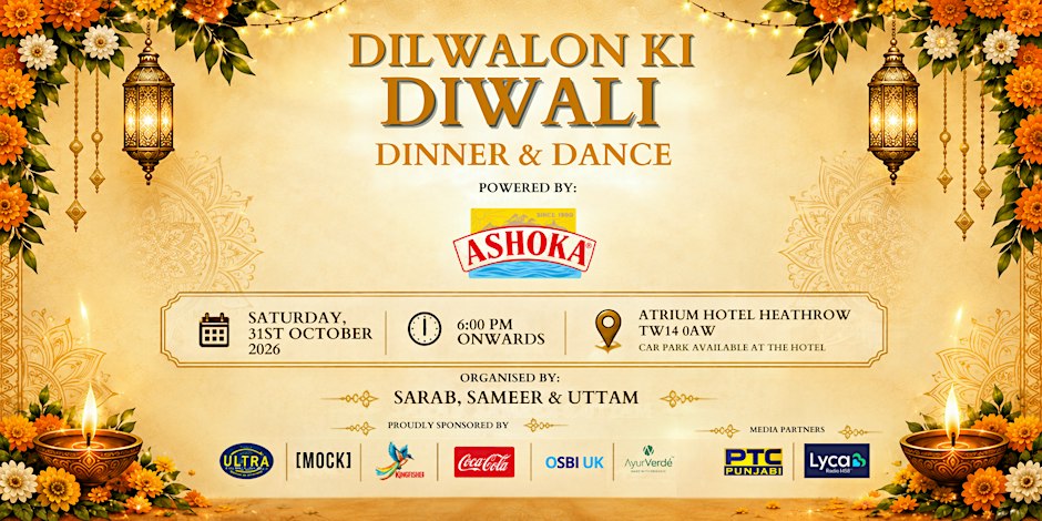 Dilwalon Ki Diwali Dinner & Dance poster: Saturday 31 October 2026, 6pm, Atrium Hotel Heathrow